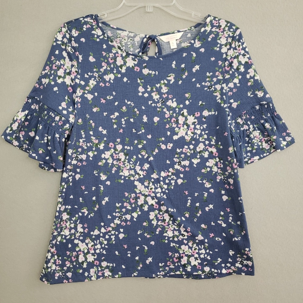 LC Lauren Conrad S Blouse Blue Floral Smocked Bell Sleeve Tie Back Cottagecore